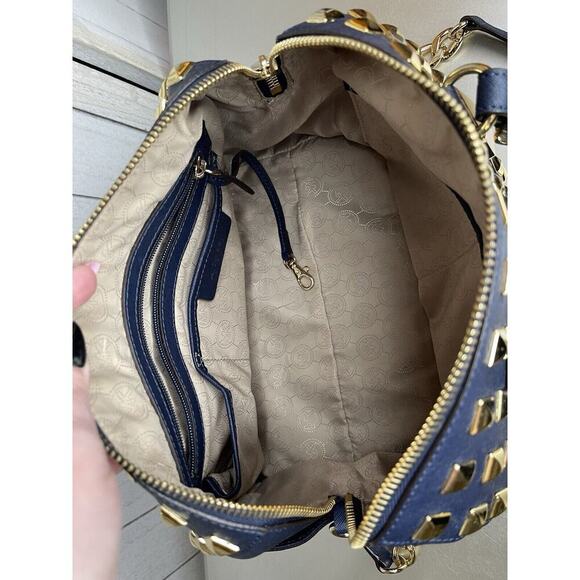 Michael Kors Navy Blue Leather Gold Studded Grayson Satchel Top Handle - Picture 3 of 12